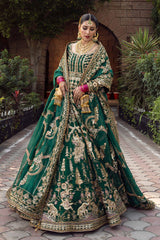 Mohsin Naveed Ranjha Nazneen Unstitched Gold Green Lehenga Choli Formal Collection on Raw Silk