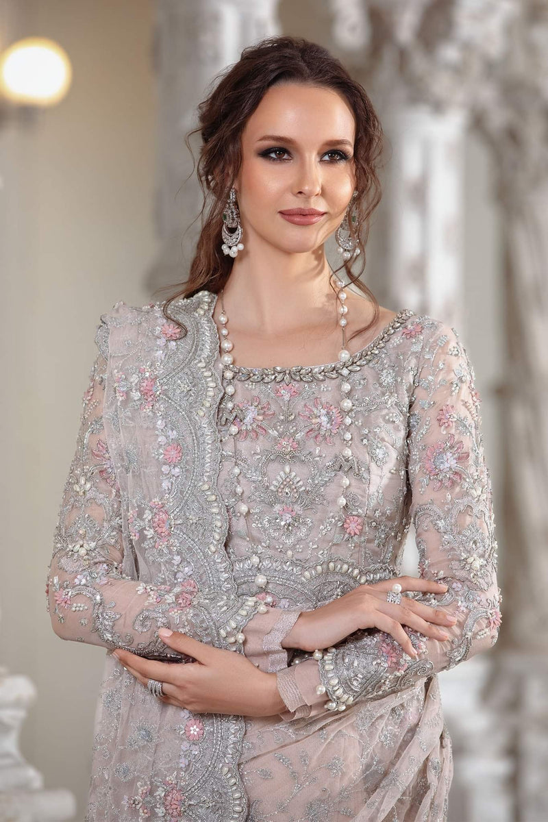 Maria.B Couture Pale Pink Net Embroidered Saree Wedding Edition MC-050