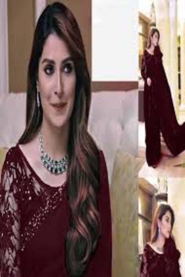 Maroon Embroidered Unstitched Chiffon Saree Ayeza Khan-Maroon-Party Wear